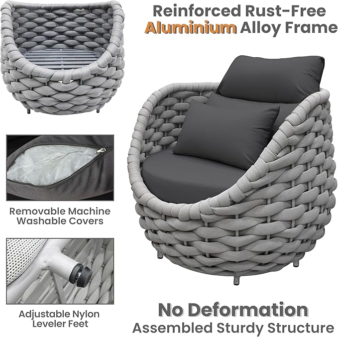 Deck Furniture Accent Chair: Patio Single Armchair Aluminum - Outdoor Woven Rope Armchair Cushioned - Modern Lounge Chair Assembled - All Weather 400lbs for Porch Lanai Balcony Yard Garden Hotel