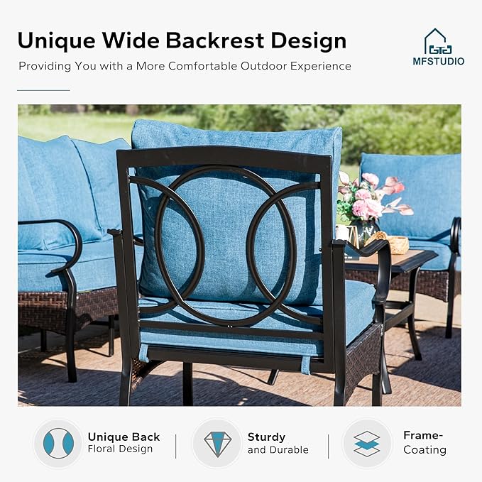 MFSTUDIO 4 Pieces Outdoor Patio Furniture Set, Metal Outdoor Conversation Set, Rattan Wicker Patio Sectional with 2 x Swivel Single Sofa, 3-Seat Sofa, 1 x Coffee Table, Navy Blue