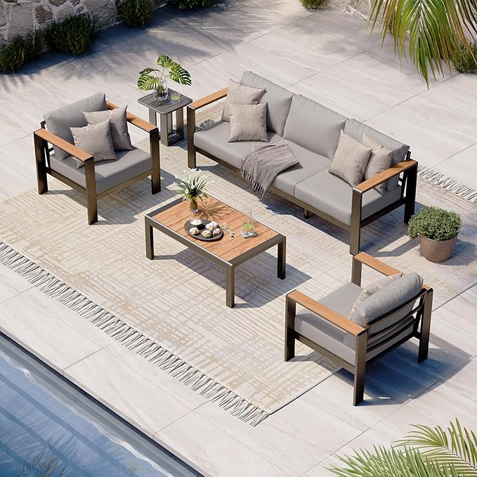 Aluminum Outdoor Patio Furniture Set with Coffee Table, 4 Piece Patio Conversation Sets with Washable Thick Cushions, Patio Sectional Furniture Set for Porch, Balcony, Deck, Gray