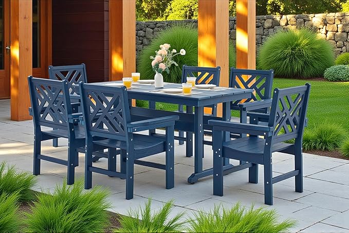 7 Piece HDPE Outdoor Dining Set for 6, Patio DHPE Furniture Set with Umberlla Hole, Weather Resistent Outdoor Table and Chairs for Garden, Poolside, Backyard, Deck, Blue
