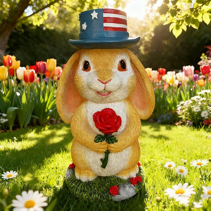 Funny Garden Handheld Rose Rabbit Statue - Resin Outdoor Decor for Yard, Patio,Lawn - Whimsical Bunny Sculpture Gift for Garden Lovers