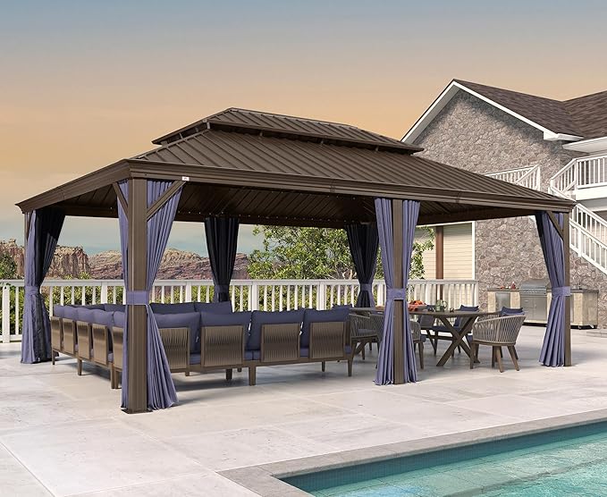 PURPLE LEAF 14' X 20' Outdoor Hardtop Gazebo Patio Wide Aluminum Frame Metal Double Roof with Heavy Duty Netting and Curtains for Permanent Hard Top Pavilion Screen, Navy Blue