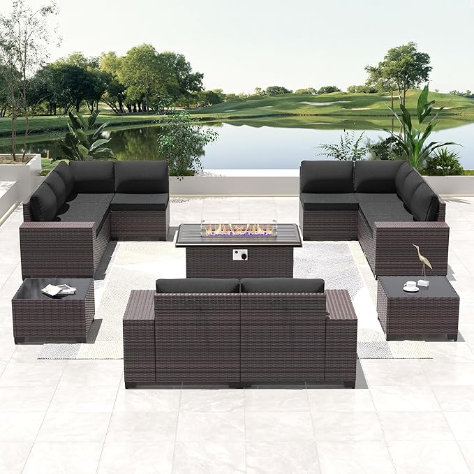 Outdoor Patio Furniture Set with Propane Fire Pit Table, 13 Pieces Outdoor Furniture Patio Sectional Sofa Conversation Sets w/ETL Approved 43" Gas Outdoor Fire Table & Coffee Table(Black)
