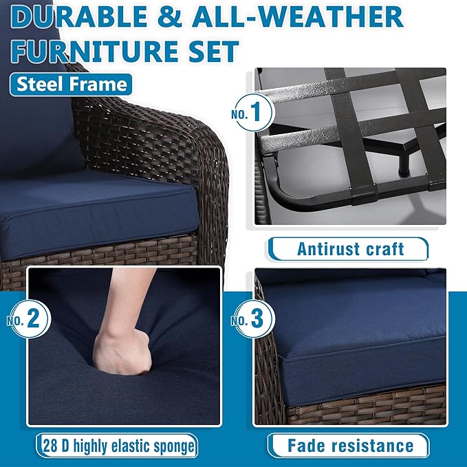 Vista Vibe Outdoor Wicker 360 Degree Swivel Glider Rocker Chairs Set of 2 with Cat Nest Side Table, All-Weather Rattan Patio Conversation Furniture Set with Washable Cushions for Balcony, Yard (Navy)