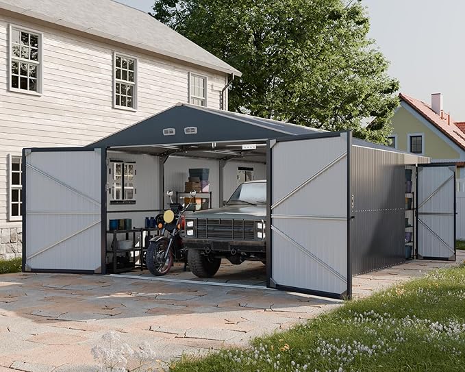 Metal Garage Shed for Car with Floor Kit, 13x20x8.5' Large Outdoor Storage Building and Workshop, Weatherproof Steel Carport with Ultra-Reinforced Truss System, Skylights & Dual-Entry