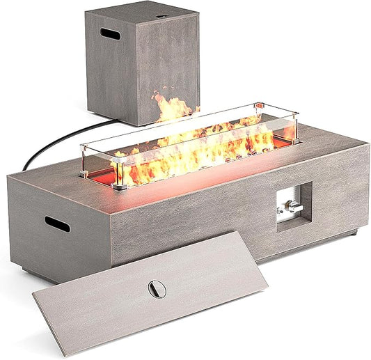 42" Outdoor Fire Pit Table, 50,000 BTU Gas Fire Pit with Glass Wind Guard, Fire Stones, Waterproof Cover, Propane Fire Pit Table for Outside Patio (Brown)