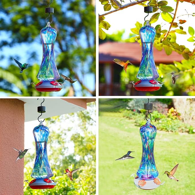 Hummingbird Feeder for Outdoors Hanging, Hand Blown Glass Hummingbird Present with Perch, Leak Proof, Never Fade, 4 Feeding Ports, 38 fl.oz, Include Hook, Ant Moat, Rope, Brush, Present for Garden