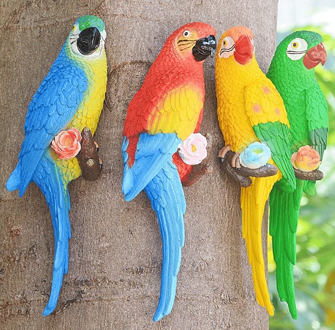 Bird Statue Garden Decorations,Outdoor Resin Bird Figurine Decoration,Bird Statue Real Parrot Figurine,Flapping Macaw Bird Tropical Decor Wall Sculpture, Polyresin, Full Color