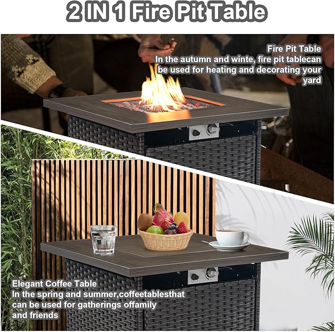 HUMMUH Patio Furniture with Fire Pit 4-Piece Wicker Outdoor Sectional Couch with Swivel Rocking Chairs, Propane Fire Pit Conversation Set for Garden, Backyard, Deck