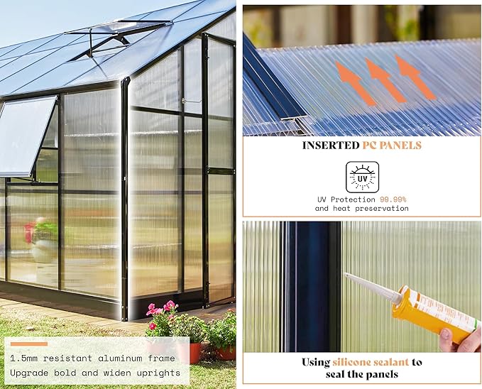 AMERLIFE 12x13.5x9 FT Polycarbonate Greenhouse with Quick Connector Fast Assembly, Large Greenhouses for Outdoors, Swing 2 Doors 4 Vents , Black