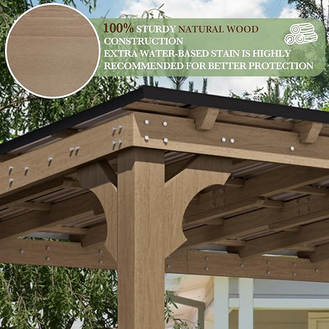 10 x 12 FT Outdoor Wooden Grill Gazebo with 5.5" Width Wood Posts, Rainwater Drainage, BBQ Gazebo with Sloping Metal Roof for Barbecue, Backyard, Garden, Light Mocha Brown