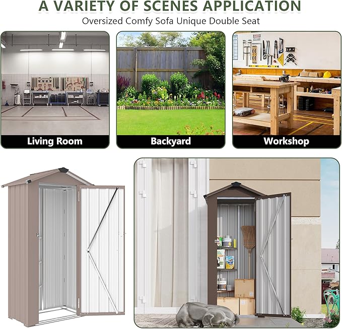 2.5x1.4 FT Mini Outdoor Storage Shed, Plastic Shed with Floor, Lockable Door, Adjustable Shelves & Sloping Roof, All-Weather Resin Shed for Garden, Backyard, Patio, Lawn (Brown)