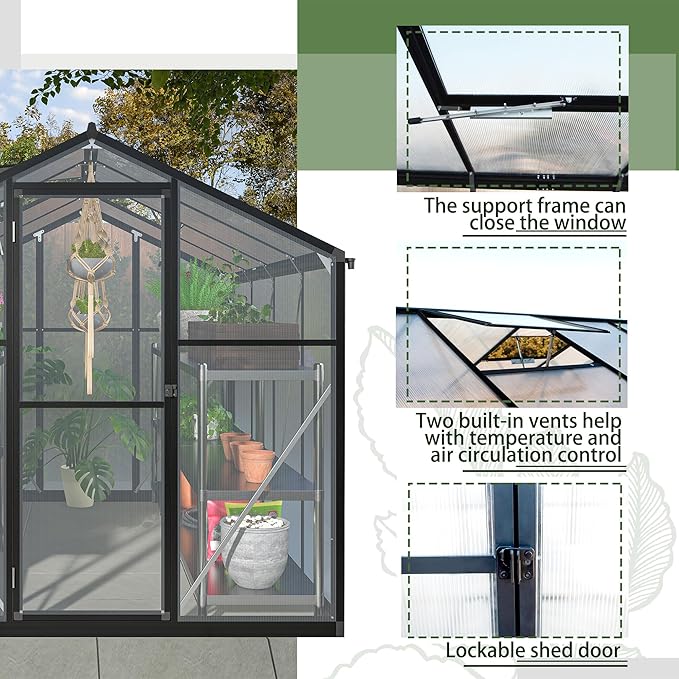 KEIKI 6x8 FT Greenhouse for Outdoors, Large Walk-in Greenhouse with Double Doors and Two Ventilation Windows for Outside Green House Garden Backyard