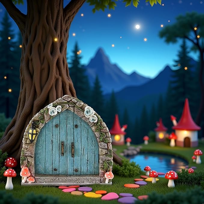 Blue Mini Fairy Garden Door for Tree, 3D Miniature Fairy Door for Fairytale Tiny House Doors, Bonsai Terrarium Micro Landscape Decoration Accessories Garden Miniatures