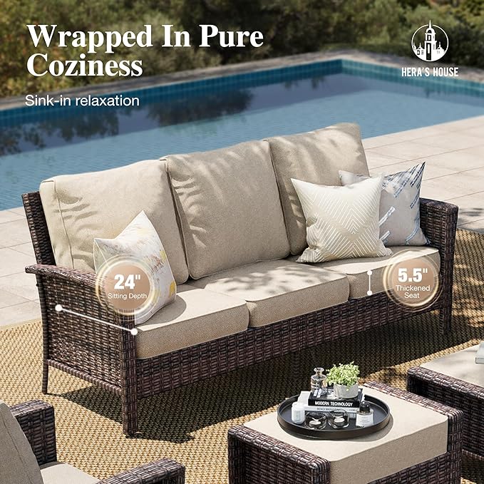 HERA'S HOUSE Patio Furniture Set with 35" High Back Swivel Chairs, Outdoor Wicker Conversation Sofa Sets, 5.5" Thick Cushions for Deck Lawn Poolside Backyard, Beige