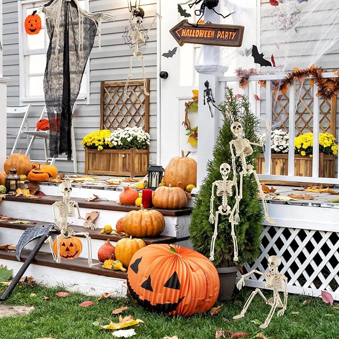 Remiawy Skeleton Halloween Decorations, 6 Pack 16” Full Body Posable Skeletons with Movable Joints, Small Plastic Hanging Props for Haunted House, Yard, Graveyard, Spooky Party Indoor Outdoor Decor