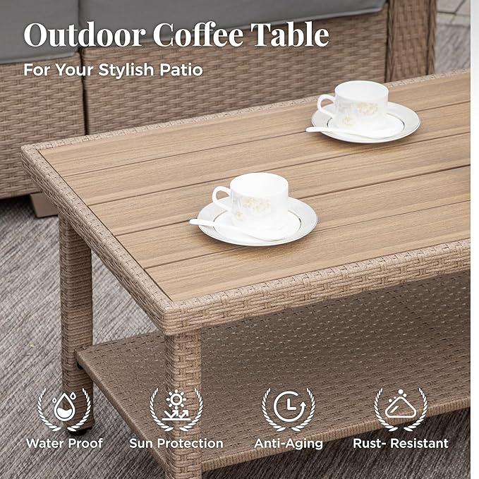 Patio Furniture Set 4 pcs, Wicker Outdoor Patio Furniture, 3-Seat Sofa, 2 Single Chairs and Coffee Table, Rattan Patio Conversation Set for Backyard Deck, Grey
