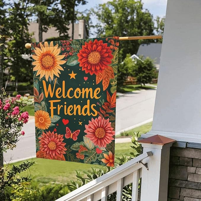 Welcome Friend Garden Flag Vertical Double Sided Outdoor Yard Flags 12.5x18 Inch Burlap Banners for House Lawn