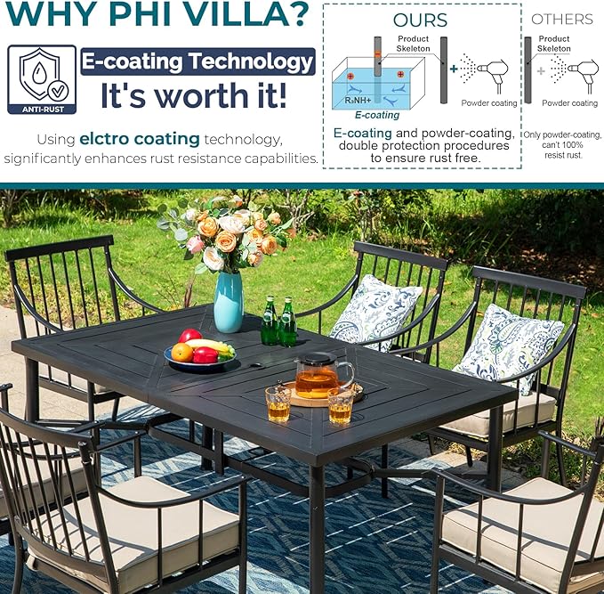 PHI VILLA 7 Pieces Outdoor Dining Set for 6, 64" Metal Steel Dining Table with Umbrella Hole & Cushioned Iron Swivel Chairs for Patio, Yard, Porch, Deck
