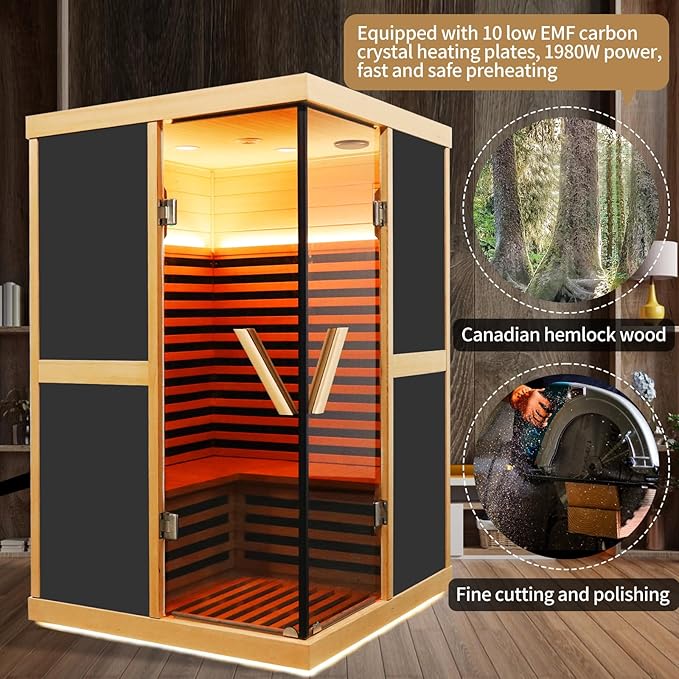 Home Sauna Infrared Sauna 7 Color Light Indoor Sauna for 2 Person,APP Control Dry Sauna Low EMF 1980W/110V Canadian Hemlock Wood Saunas,for Home Spa
