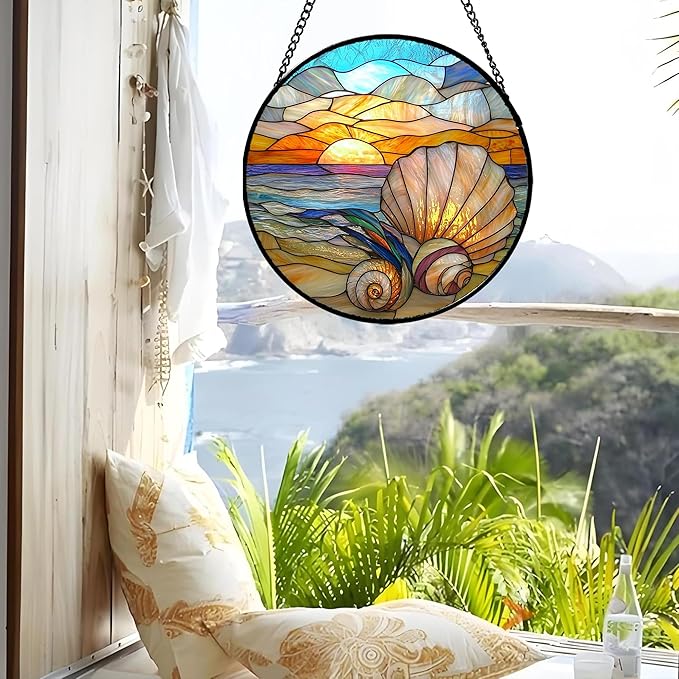 Stained Glass Window Hanging - Colorful Beach Shells Conch Sun Catcher for Door Home Decor Ocean Suncatcher Christmas Mother's Day Birthday Sea Lover Gifts for Women Men Mom Nana 6.3 in