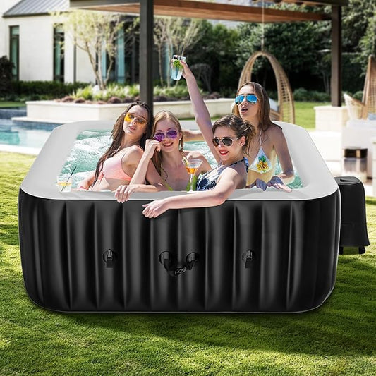 DoCred 2-4 Person Inflatable Hot Tub, 60" X 60" X 25" Square Portable Hot Tub with 120 Bubble Jets, Large Outdoor Spa Blow Up Bathtub Set with Heater Pump, Insulated Cover and Filter