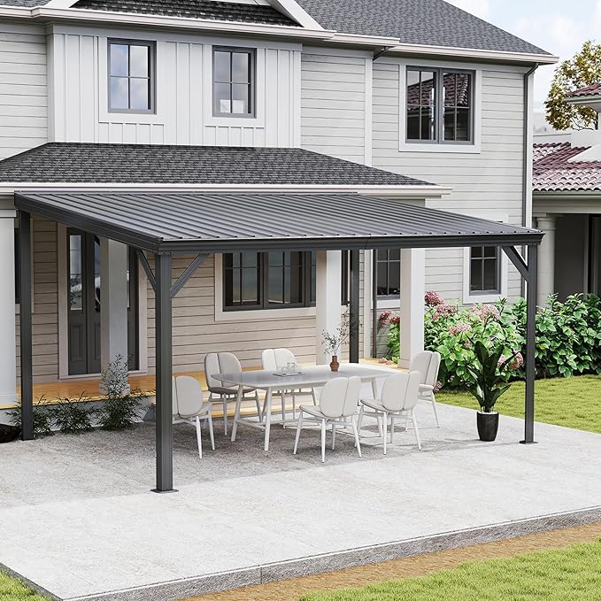 10x14FT Lean to Gazebo, Outdoor Hardtop Wall Mount Gazebo with Gutter & Sloping Galvanized Steel Roof, Metal Hard Top Awnings for Deck, Porch, Backyard
