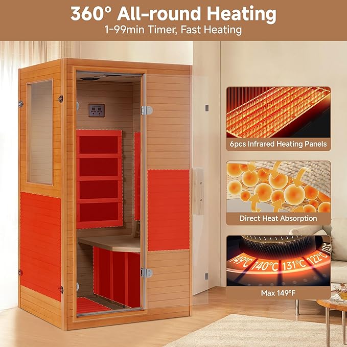 springspa Infrared Sauna Home Sauna, Indoor Far Infrared Saunas for Home, 1 Person Low Emf Canadian Hemlock Wooden Spa Room 950w, 110v with Control Panel