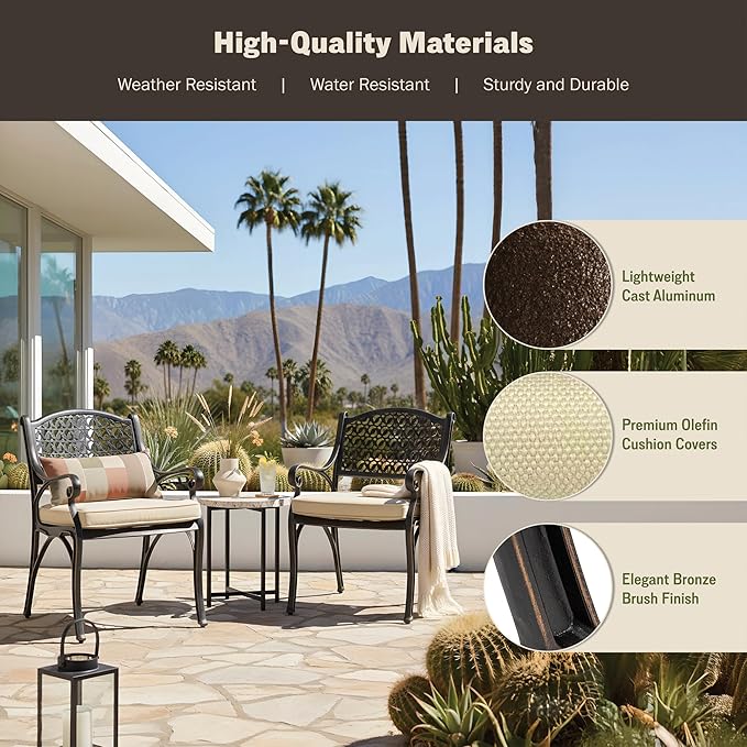Kinger Home Harmon 2-Piece Cast Aluminum Outdoor Patio Chair, Patio Seating with Cushions, Chairs for Outside, Weather Resistant, Cushions Included