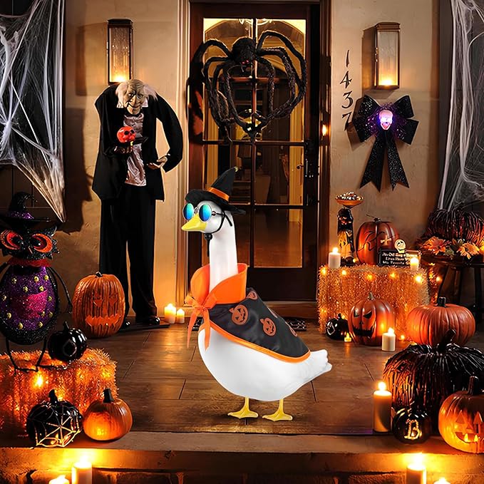 Halloween Goose Outfit and Fall Porch Goose Outfits with Hat & Sunglasses, Cement Plastic Goose Clothes Halloween Costume for 23" Geese Outdoor Patio Yard Lawn Duck Party