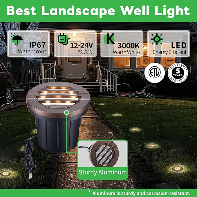 Landscape Well Light Kit, 8 Pack Low Voltage In Ground Lights and 100W Transformer and 100FT Cable and 30 Wire Connectors, IP67 Waterproof Outdoor, Grill Top Aluminum for Path Tree