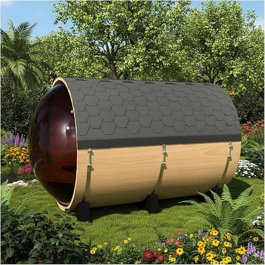ZONEMEL Outdoor Barrel Steam Sauna with Panoramic View, Canadian Hemlock Wood Sauna for 3-4 Person with Porch, 6KW Heater, Rocks, 8mm Tempered Glass, Waterproof System, 220V