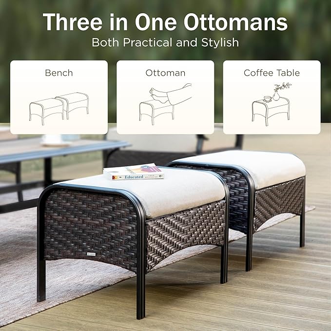 PHI VILLA Extra Large Outdoor Modern Patio Furniture Set, Upgraded Wicker&Metal Patio Furniture Conversation Set with Waterproof Thick Cushions for Porch, Poolside, Deck, and Yard(7 Pieces,Beige)