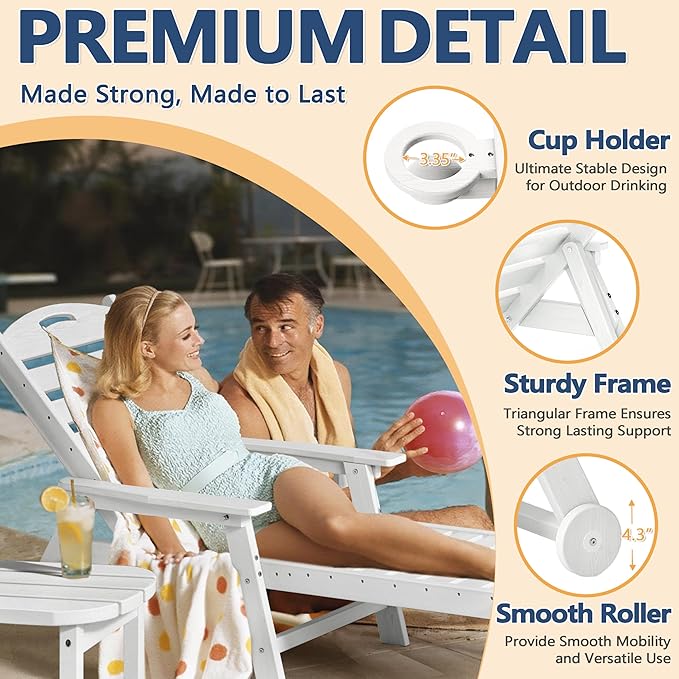 Patio Chaise Lounge Chair, HDPE Outdoor Lounge Chairs with 5-Position Adjustable Backrest, Cup Holder and Wheels, 450lbs Capacity for Poolside Deck Backyard, All Weather Material(White)