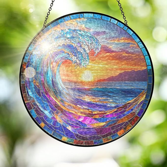FLAGWIX Christmas Beach Gifts for Women Men - Stained Glass Window Hanging 8in for Holiday Christmas Decorations 2025 - Sun Catchers Indoor Window for Ocean Decor, Beach Decor, Boho Gifts for Women