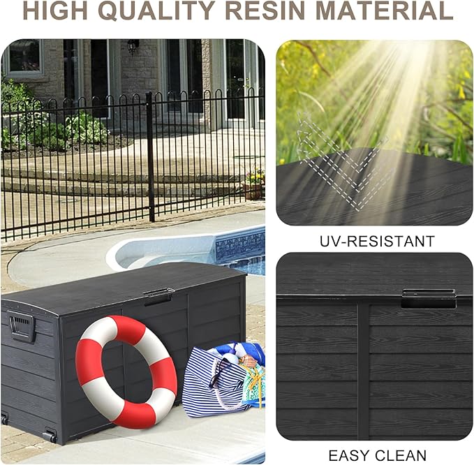 VINGLI 75 Gallon Resin Outdoor Deck Box, 75 Gallon Patio Storage Box with Side Handles, Lockable Storage Containers for Patio Furniture Cushions, Pool Accessories, Garden Tools, Full Black