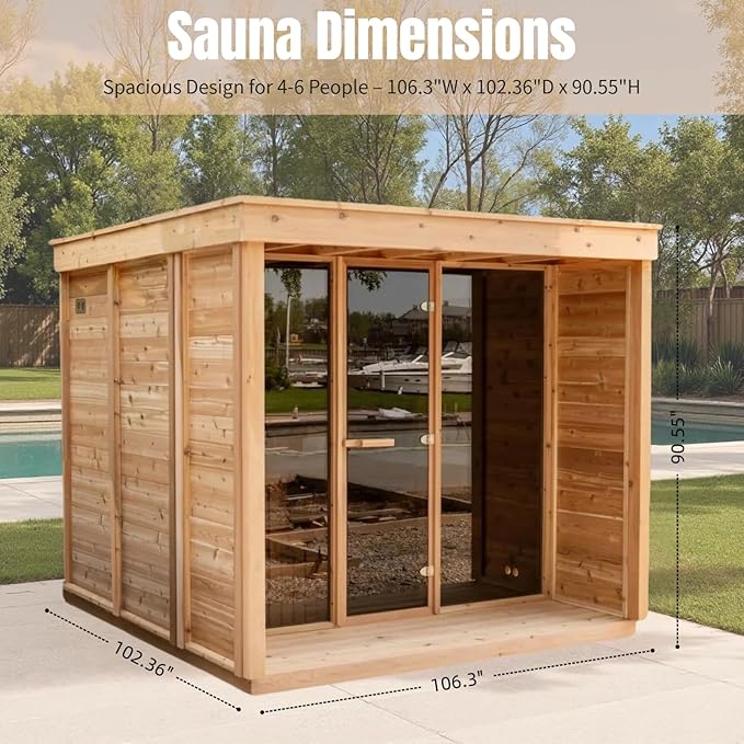 ZONEMEL Outdoor Red Cedar Steam Sauna for 8 Person, Modern Square with Porch, Full-Glass Front, 8KW ETL Harvia Heater, LED Lighting, Waterproof Roof, Double Bench, Complete Accessories