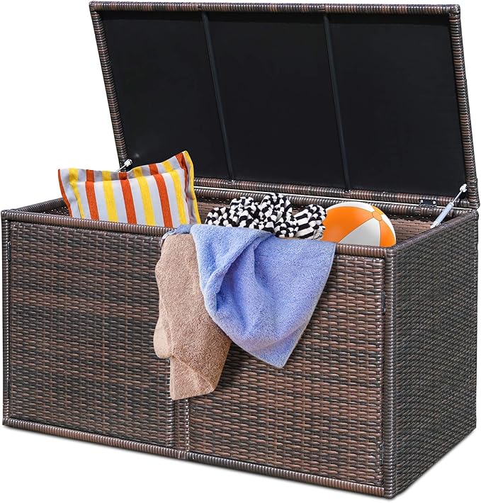 Tangkula Outdoor Wicker Storage Box, Garden Deck Bin with Steel Frame, Rattan Storage Box with Lid, Ideal for Storing Tools, Accessories, 88 Gallon Capacity (Brown)
