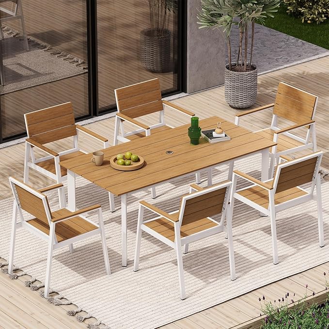 Outdoor Patio Dining Table Sets 7-Piece Aluminum and HDPS All-Weather Table and Chairs with Umbrella Hole, Patio Modern Furniture Sets for Garden, Backyard (White & Teak)