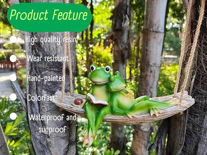 Artisan Flair Hanging Swing Frog Statues - Frog Statues for Garden Outdoors, Reading Book Frog Figurine, Resin Couple Decor for Garden, Balcony, Tree Decoration