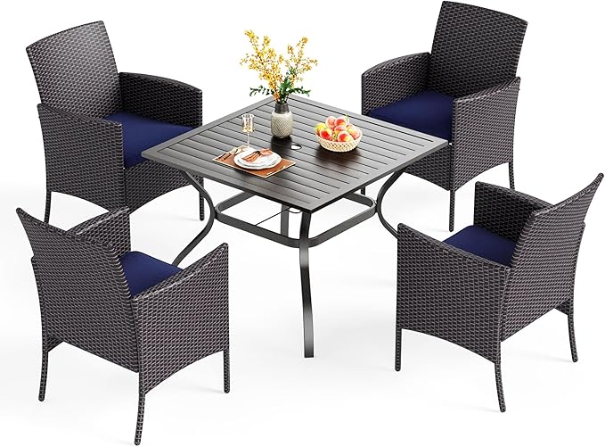 PHI VILLA 5 Piece Patio Dining Set for 4, 37" Square Metal Dining Table with Umbrella Hole & 4 Cushioned Rattan Chairs for Outdoor, Deck, Yard, Porch