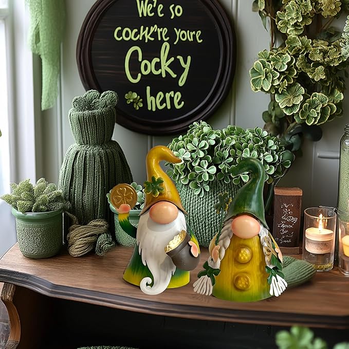 HONGLAND Fall Decor - Fall Decorations for Garden, Metal Gnomes Figurine Yard Art, Luck Shamrock Gnome for Home Outside Lawn Party Yard Patio