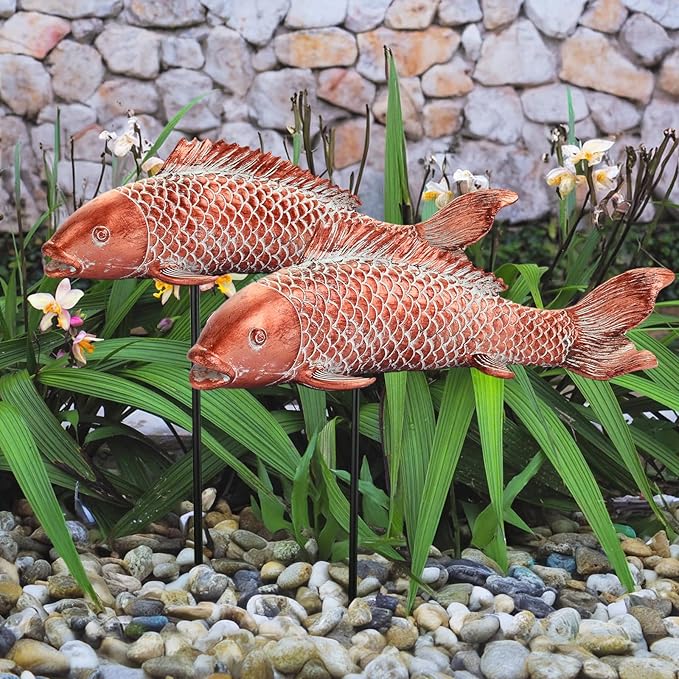 Garden Statues Koi Fish Decor Outdoor Garden Fish Statues, Set of 2 Antique Copper Koi Art Sculptures for Patio, Backyard, Pond and Home Decor for Women Mom