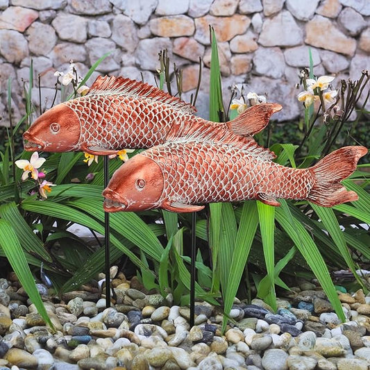 Garden Statues Koi Fish Decor Outdoor Garden Fish Statues, Set of 2 Antique Copper Koi Art Sculptures for Patio, Backyard, Pond and Home Decor for Women Mom