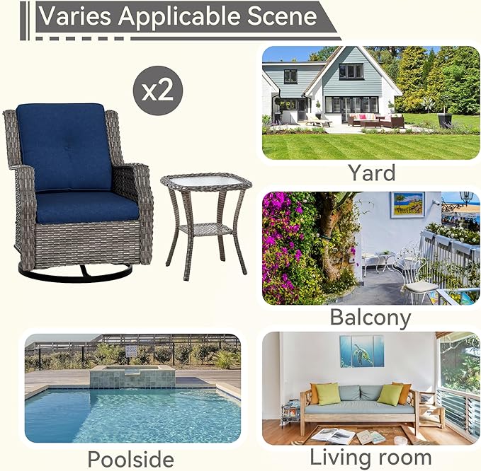 Patio Bistro Set 3 Pieces - Outdoor Swivel Rocker Patio Chair Set of 2 with Matching Tempered Glass Side Table, Cushion Included(Mixed Grey/Blue)