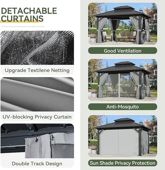 Aoxun 12'x10' Hardtop Gazebo, Aluminum Frame Permanent Pavilion with Curtains and Netting, Outdoor Galvanized Double Roof Canopy, Designed for Garden, Lawns, Patio, with Ground Nails
