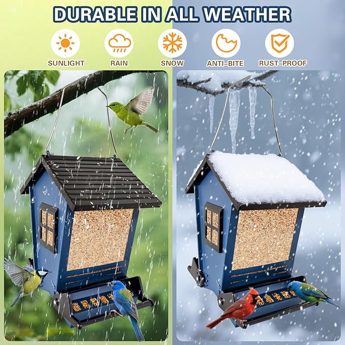 Squirrel Proof Bird Feeders for Outdoors Hanging, 5LB Capacity Metal Wild Birdfeeders Outside Hanging, Cardinal Bird Feeder Squirrel Proof as Various Finch Feeders for Outside (Blue)