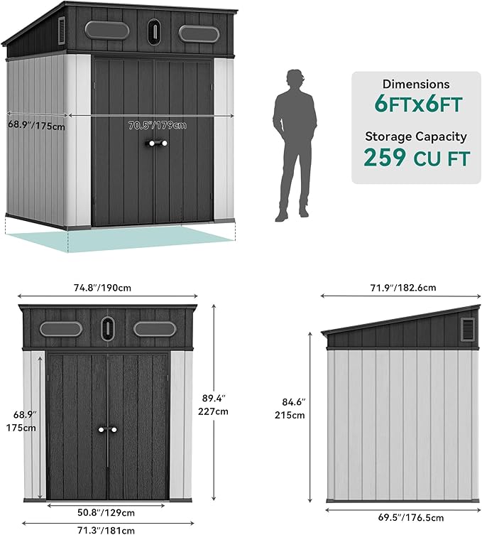YITAHOME 6x6 FT Outdoor Storage Shed, All-Weather Resin Garden Shed with Windows, Vents and Lockable Double Doors for Garden Tools, Bikes, and Sundries, Waterproof，Gray