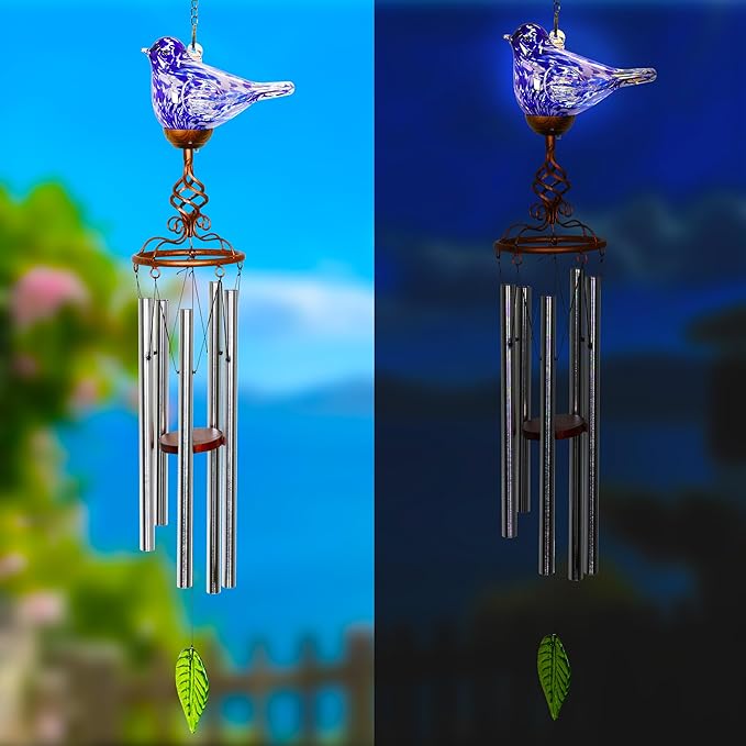 Wind Chimes, Solar Glass Bird Shape, LED, Outdoor Lawn and Patio Glass and Metal Decoration, 7 x 4 x 44 Inches (Dark Blue)
