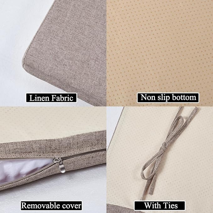 48 x 14 Inch Piano Bench Cushions for Indoor Furniture with Ties Non Slip Kitchen Dining Room Bench seat Cushion for Shoe Storage Ottoman Window Settee Pad, Khaki